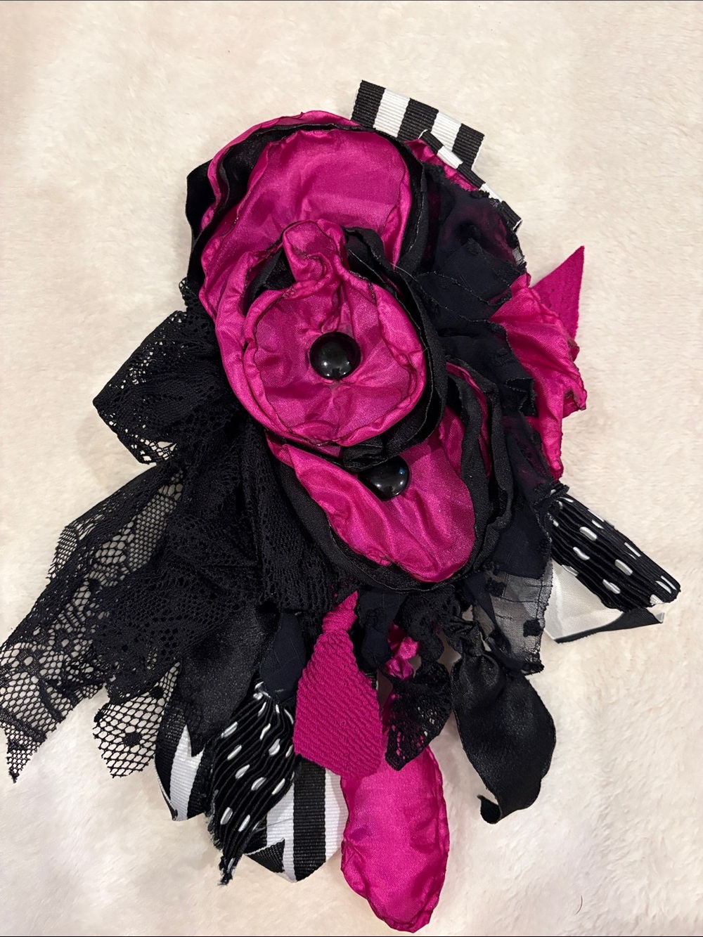 Fuchsia and Black Layered Floral Fabric Brooch - Women Jewelry Brooch - Magnetic